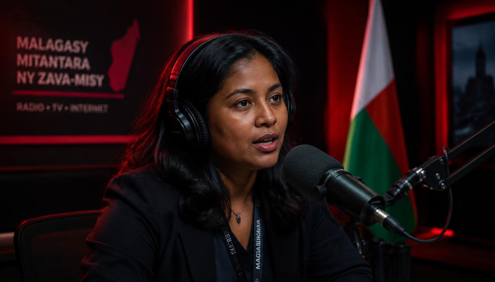Journaliste au micro en studio